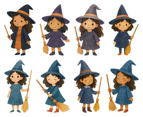 PNG Cute cartoon witches with brooms, element set on transparent background