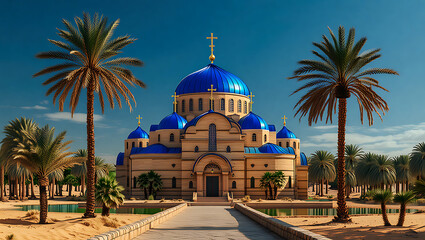 Naklejka premium Beautiful ancient orthodox church illuminated at dusk with snowcovered ground and starry sky 