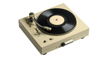 Ivory record player with vinyl disc, arm. Classic analog audio setup