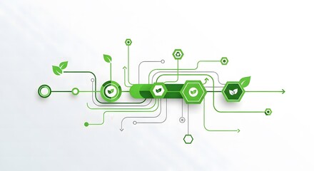 Green technology network with leaf icons and hexagonal nodes, isolated on white background
