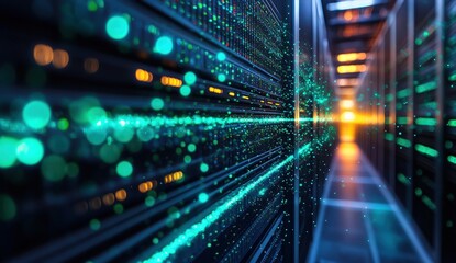 Server room with glowing data streams, blurred lights, and bright central light