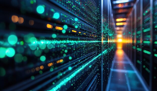 Server room with glowing data streams, blurred lights, and bright central light