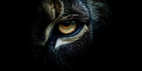 Obraz premium perspective displays the eye of an animal with vibrant shades of yellow and green in its iris, contrasting against the dark fur and surrounding shadowy ambiance, emphasizing detail and texture.
