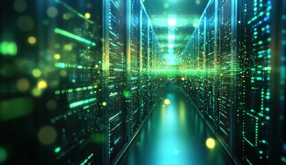 Futuristic, glowing server room with rows of data racks and digital light effects
