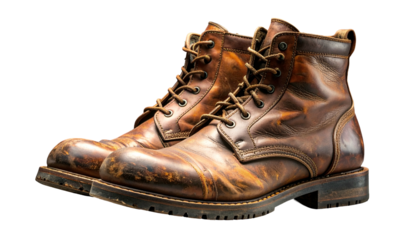 Weathered leather boots, laces, rugged texture, brown, isolated on black