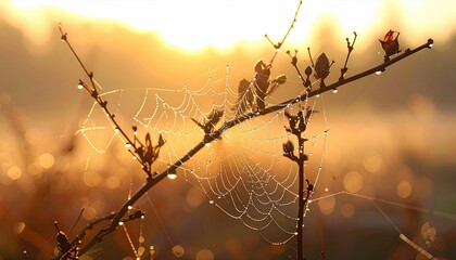 Close Up of a Spiderweb Covered in Dew Drops at Sunrise