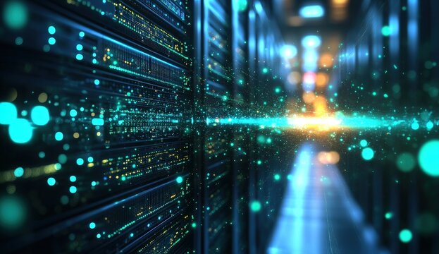 Data center interior with illuminated servers and particles, creating an abstract tech view - Powered by Adobe