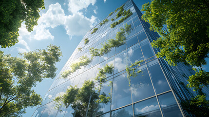 An eco-friendly office building in a modern city, featuring sustainable glass architecture and trees to reduce carbon dioxide emissions.