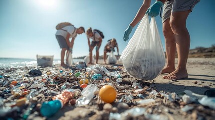 Ocean cleanup volunteers removing plastic waste on sunny beach, environmental conservation