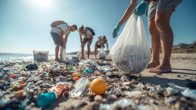 Ocean cleanup volunteers removing plastic waste on sunny beach, environmental conservation