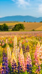 Vibrant wildflowers field, sunlit, mountains in the background