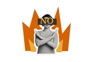 Creative image collage young girl block crossed hands gesture deny refuse no rejection burning...