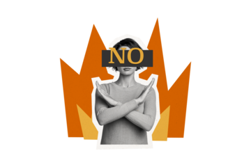 Creative image collage young girl block crossed hands gesture deny refuse no rejection burning flame negative decision disagree