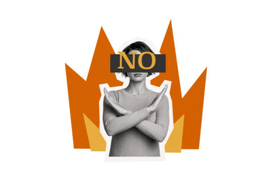 Creative image collage young girl block crossed hands gesture deny refuse no rejection burning flame negative decision disagree