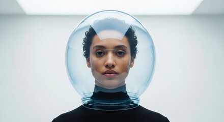 Portrait of a woman with a clear bubble helmet in a bright white room