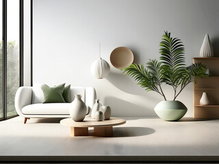 Modern minimal living room with a white curved sofa, light wood table, and large tropical plant in a spacious setting.