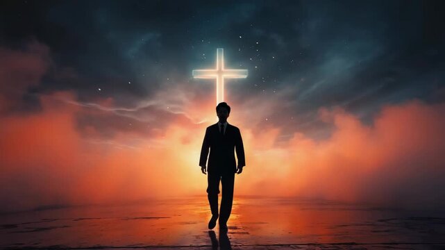 silhouetted male figure walking forward. Glowing cross in sky background