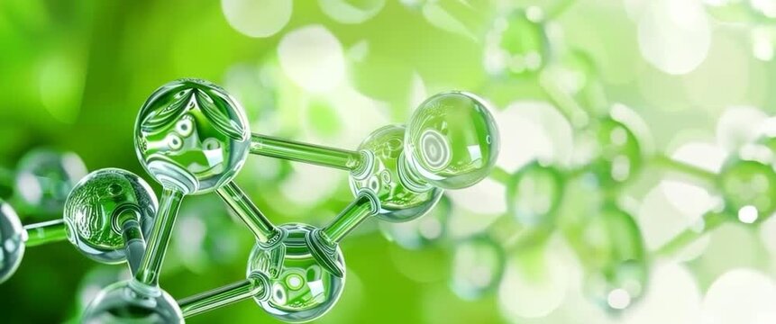 Green hydrogen molecule structure with soft focus natural green background and bokeh lights