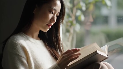 Serene Asian Woman Reading a Book by the Window, Enjoying a Peaceful Moment of Solitude