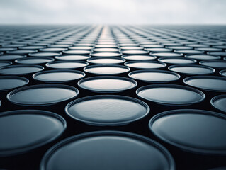 Fototapeta premium A close-up view of a grid of circular containers, reflecting light, creating a visually striking pattern with a sense of depth and symmetry.