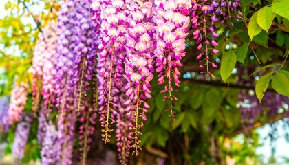 Vibrant wisteria blossoms cascade in shades of purple and pink