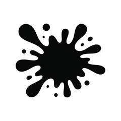 Black ink splash with droplets on a white background Keywords: ink, splash, splatter, blot, drop