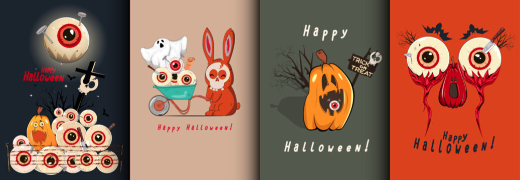 Happy Halloween greeting card, cover, poster design. Collection Set thematic pumpkin skull grave template colorful background.