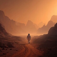 Obraz premium An astronaut walks on the planet Mars