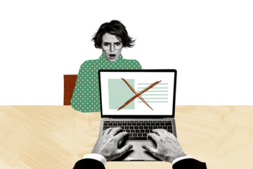 Composite photo collage of astonished inappropriate girl candidate receive refusal hands macbook app isolated on painted background