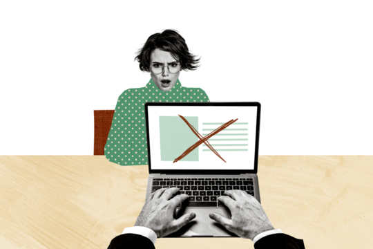 Composite photo collage of astonished inappropriate girl candidate receive refusal hands macbook app isolated on painted background - Powered by Adobe