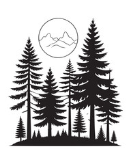 minimalist forest silhouette with pine trees and mountain badge vector illustration for outdoor design