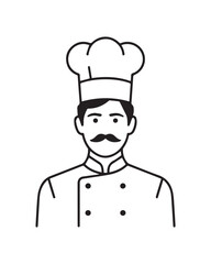simple chef line drawing vector tall hat double breasted coat mustache culinary character for restaurant branding