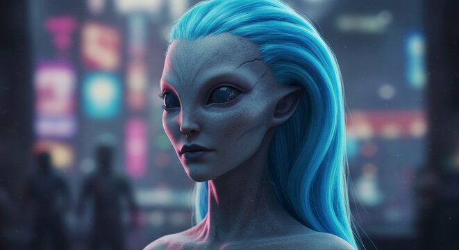 Portrait of a enigmatic extraterrestrial woman with blue hair in futuristic city