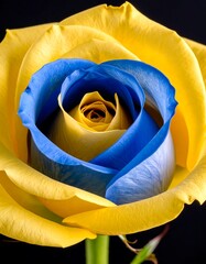 Vibrant yellow and blue rose close-up