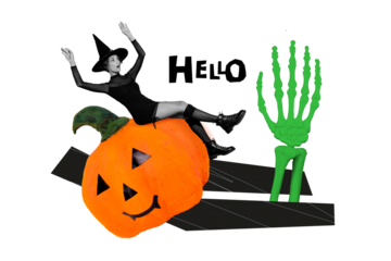 Composite trend artwork collage of halloween autumn season spooky creepy day young lady witch sit huge pumpkin head say hello bone hand