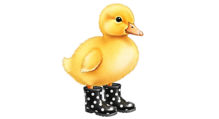 Illustration of adorable yellow duckling wearing black polka dot rain boots, isolated on transparent background