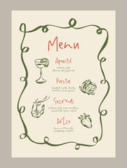 Menu template for restaurant. Food and drinks ink sketch style doodles.