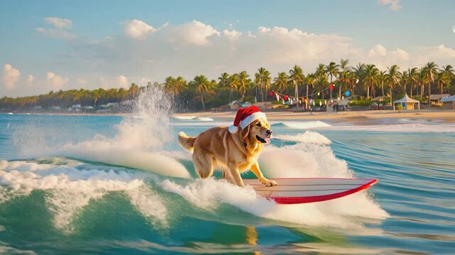 Christmas surfing dog on vacation. Golden Retriever Surfing on a Wave at Tropical Beach with Santa Hat during Christmas Season. Video made using Generative AI. - Powered by Adobe