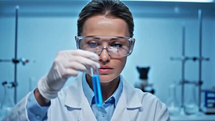 A female scientist examines a test tube containing a blue solution, surrounded by lab equipment. - Powered by Adobe
