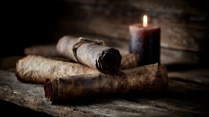 Ancient scrolls illuminated by candlelight on a rustic wooden table