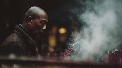 An elderly man with a bald head and mustache looks down surrounded by smoke from burning incense sticks in a temple