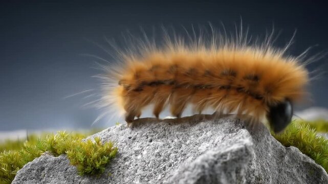 Detailed close up of a fuzzy brown caterpillar on a textured rock surface