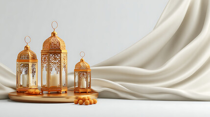 Three ornate golden Ramadan lanterns on a gold pedestal with white fabric Islamic