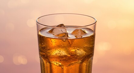 Refreshing glass of amber beverage with ice cubes against a bokeh background that highlights its