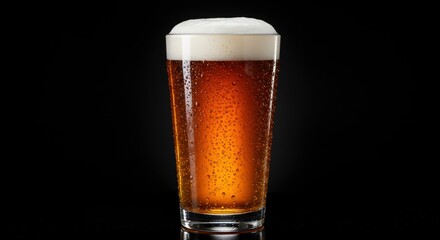 Refreshing Pint of Beer with Condensation on Glass Against Black Background