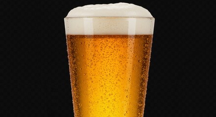 Refreshing pint of golden beer with frothy white head on a dark background