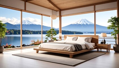 Fototapeta premium Luxury bedroom with stunning view of Mount Fuji with Japan, and serene and cozy.
