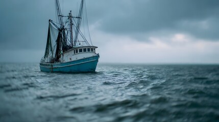 A blue and white fishing trawler with nets deployed sails on a choppy ocean under a dramatic overcast sky
