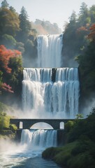 Fototapeta premium Cascading waterfall descends in tiers, flowing under a stone bridge amidst lush green and autumn-colored trees.