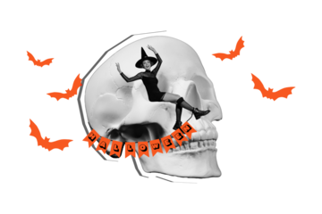 Composite trend artwork sketch collage of happy halloween autumn holiday magic spooky silhouette skull bone young lady witch sit bat fly